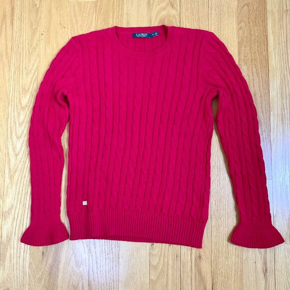 Lauren Ralph Lauren Sweater Cotton Cable Knit Flared Cuff Long Sleeves Red (M) - Picture 4 of 7
